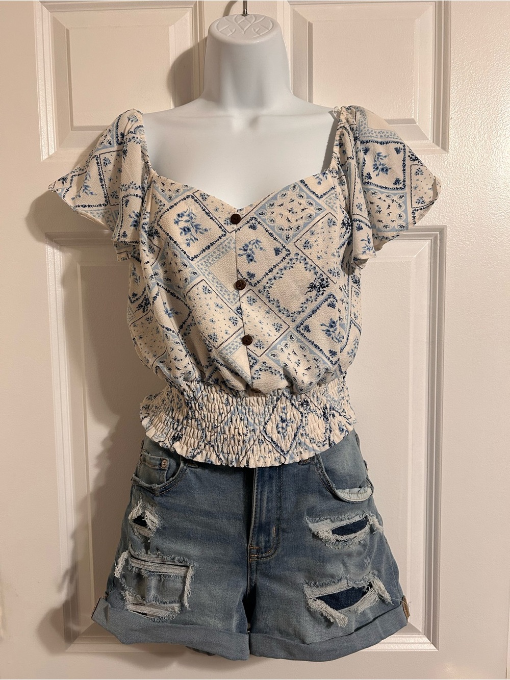 Monteau Blue and Cream Square-Neck Smocked Crop Top